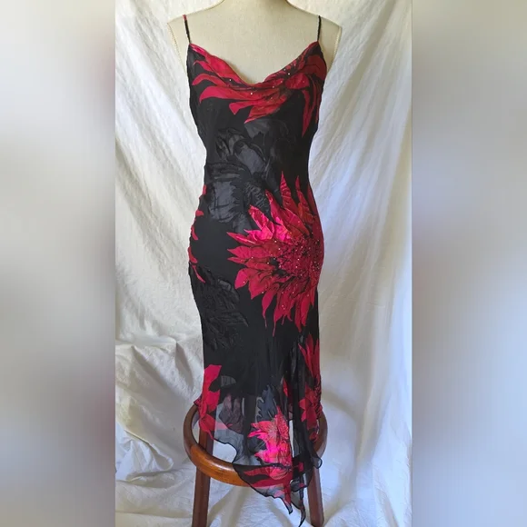 Cache silk beaded floral slip Cocktail dress sequin midi neck - Picture 3 of 4